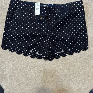 NWT. J. Crew navy and white polka dot scallop hem 4inch shorts. Size 12.